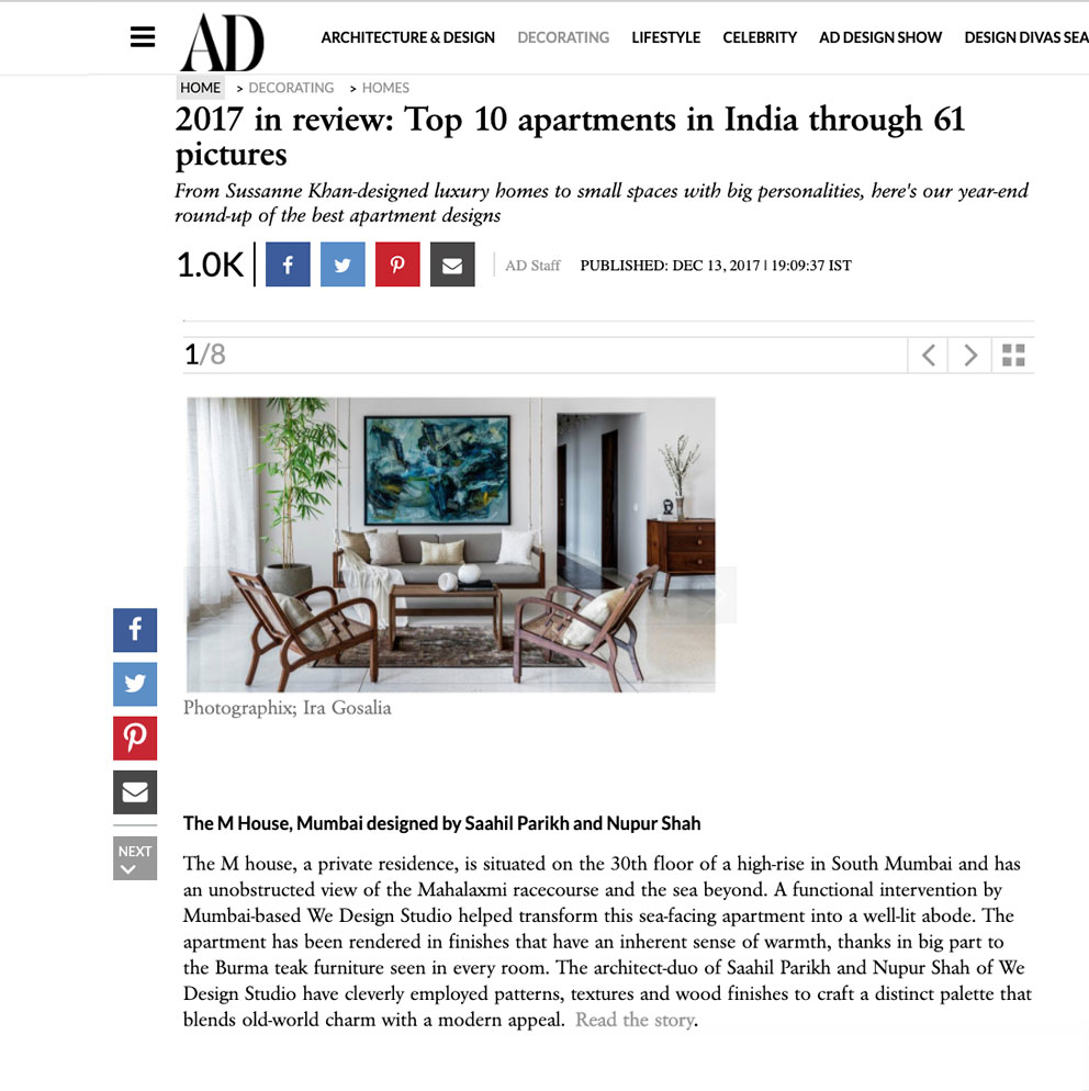 Architectural Digest December 2017 • WE Design Studio • Architects & Interior Designers in India